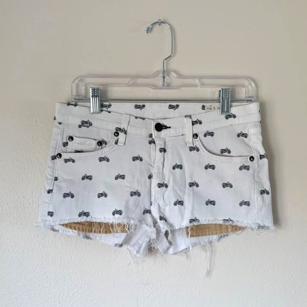 Rag & Bone 🏍 Jean Shorts sz26 waist White mid rise motocycle print